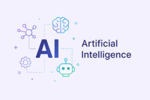 Minimal illustration of artificial intelligence with “AI” text, connected icons (brain, neuron, gear, robot) on a light purple background.