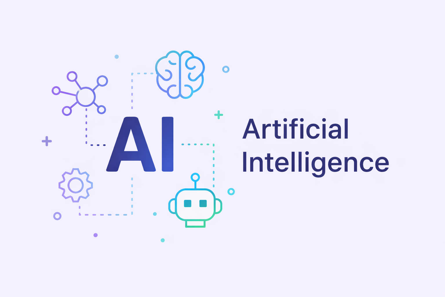 Minimal illustration of artificial intelligence with “AI” text, connected icons (brain, neuron, gear, robot) on a light purple background.